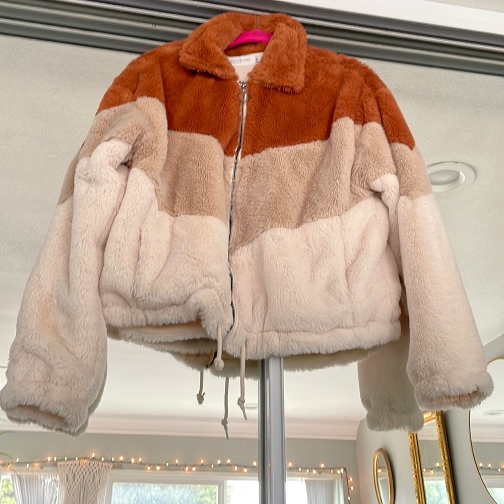 Tri color faux fur full zip fuzzy jacket ombré chestnut brown